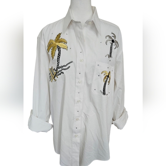 Vintage LAS OLAS Embroidered Button Down Shirt with Tropical Print White/gold. S - Picture 1 of 14